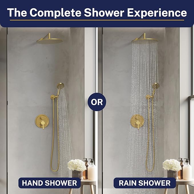 HammerHead Solid Metal Rain Shower System Set with Handheld and 10" Rainfall Head, Shower Valve and Trim Kit, 2-Handle Shower Faucet Set with 2 Way Diverter Body – Brushed Gold