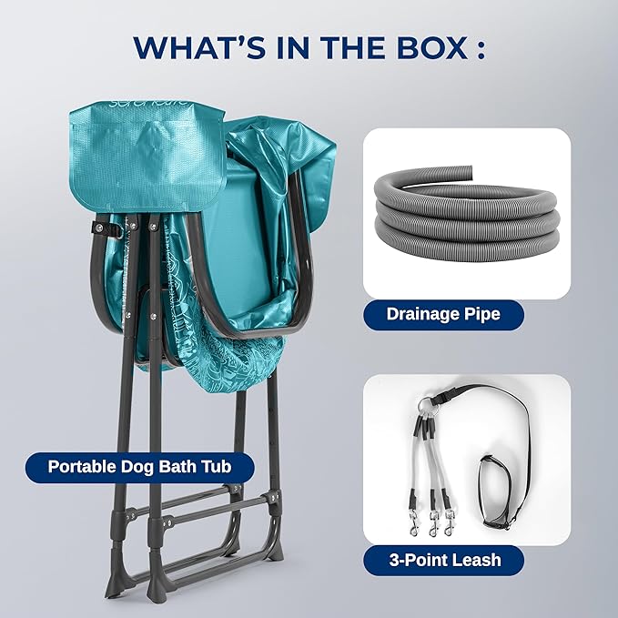 SereneLife Foldable Dog Bath Tub with Adjustable Height, 360° Access, Drain Hose & Storage Pockets – 130 lb Capacity Grooming Station for Indoor/Outdoor Use, Blue