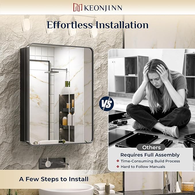 Keonjinn 20 x 32 Inch Black Mirrored Medicine Cabinet, Recessed Medicine Cabinets for Bathroom, Gloss Black Stainless Steel Framed, Adjustable Shelves, In Wall or Surface Mount, Sturdy & Heavy, Modern