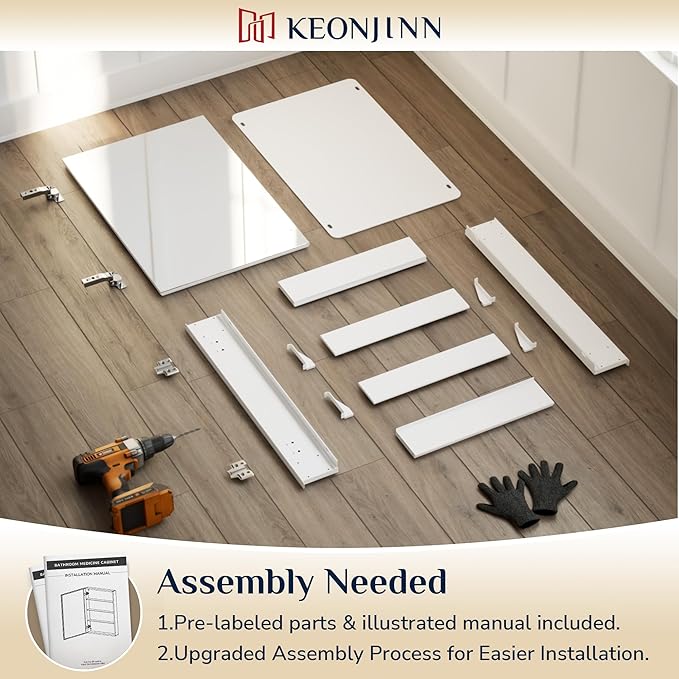 Keonjinn 60 x 32 Inch Medicine Cabinet, Assembly Required, White Bathroom Medicine Cabinets Mirror, Lightweight, Adjustable Shelves, Surface Mount or Recessed, Tempered Glass