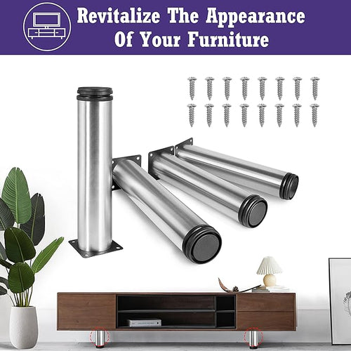 10 Inch Metal Furniture Legs Stainless Steel Adjustable Legs Silver Metal Legs Round Cabinet Legs for Coffee Table Cabinet Desk Sofa Shelves, Pack of 4