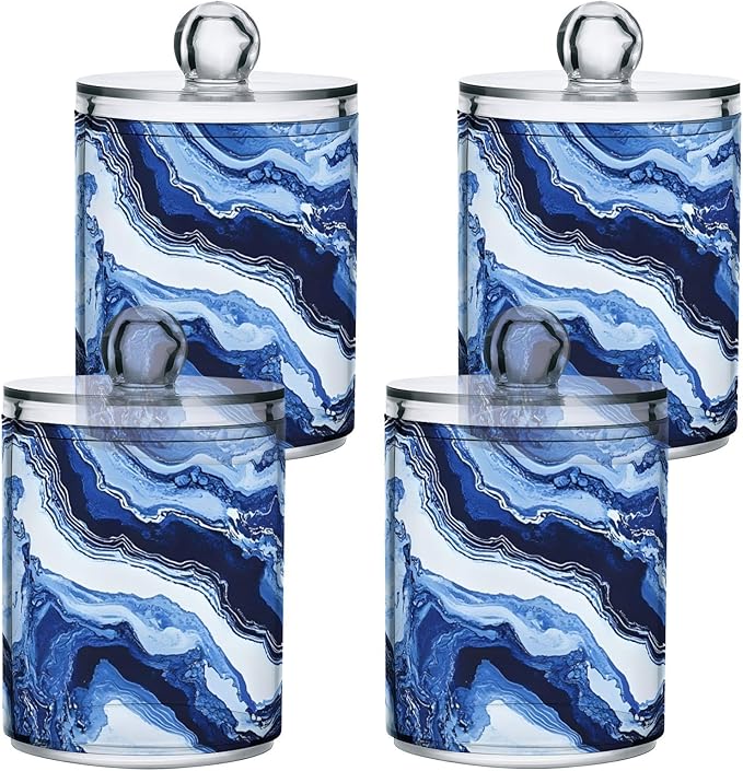 MNSRUU 2 Pack Qtip Holder Organizer Dispenser Blue Marbling Bathroom Storage Canister Cotton Ball Holder Bathroom Containers for Cotton Swabs/Pads/Floss