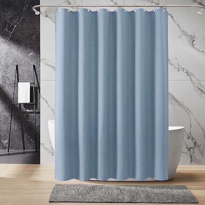 Inhousolu Fabric Shower Curtain Waffle Weave, Fog Blue 230 GSM Heavy Duty, Weighted Hem, 14 Metal Hooks, Water Repellent, Machine Washable, Hotel Spa Luxury Bath Curtain Set, 72 x 96 Inch