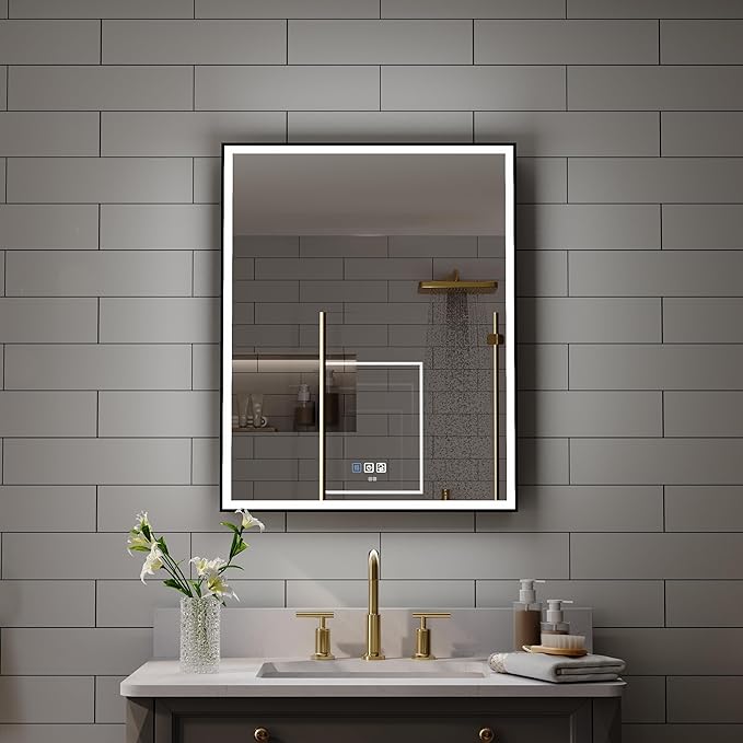 WELLFOR 24" X 30" LED Mirrored Medicine Cabinet, Medicine Cabinets with Lights for Bathroom, Defogging Function Mirror Cabinet, Bathroom Medicine Cabinet with USB Port & Outlet, Left Opening Doors