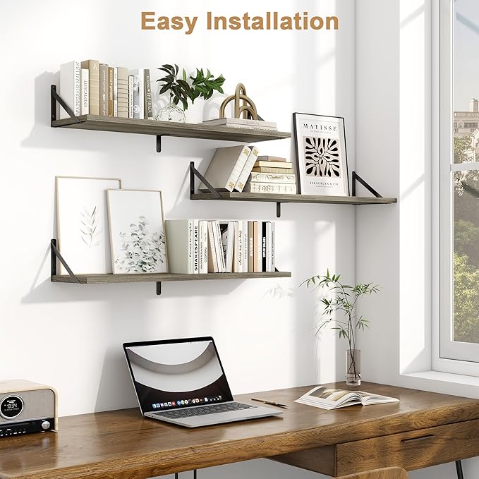 Fun Memories Floating Shelves for Wall, 36 Inches Long Set of 3 Wall Shelves for Bedroom, Floating Bookshelves with Metal Brackets for Living Room, Kitchen, Bedroom and Laundry Room (Grey)