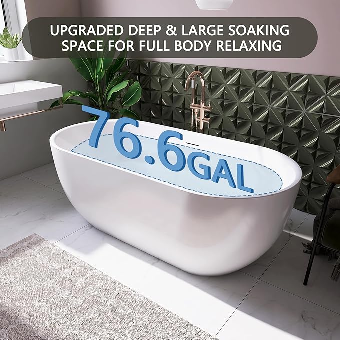 67" Free Standing Tub, Pure Acrylic Freestanding Bathtub, Stylish Stand Alone Tub, Contemporary Deep Soaking Bath Tub, cUPC Certified SY6870 (Glossy White)