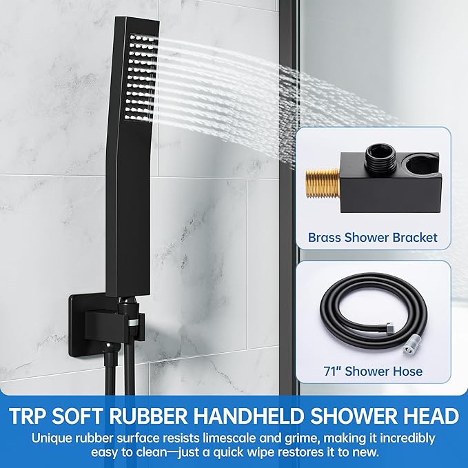16 Inch Luxury Rain Shower Faucet Set, Matte Black Shower System with Rainfall Shower Head and Handheld Spray, SUS304 Stainless Steel and Solid Brass Wall Mounted Shower Valve Trim Kit