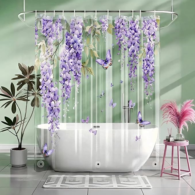 Clear Purple Floral Lavender Butterfly Shower Curtain, Plastic Transparent Cute Pretty Flower Decorative Aesthetic Shower Curtains for Bathroom, 72x72 Weighted Magnetic Shower Curtain Liner with Hooks