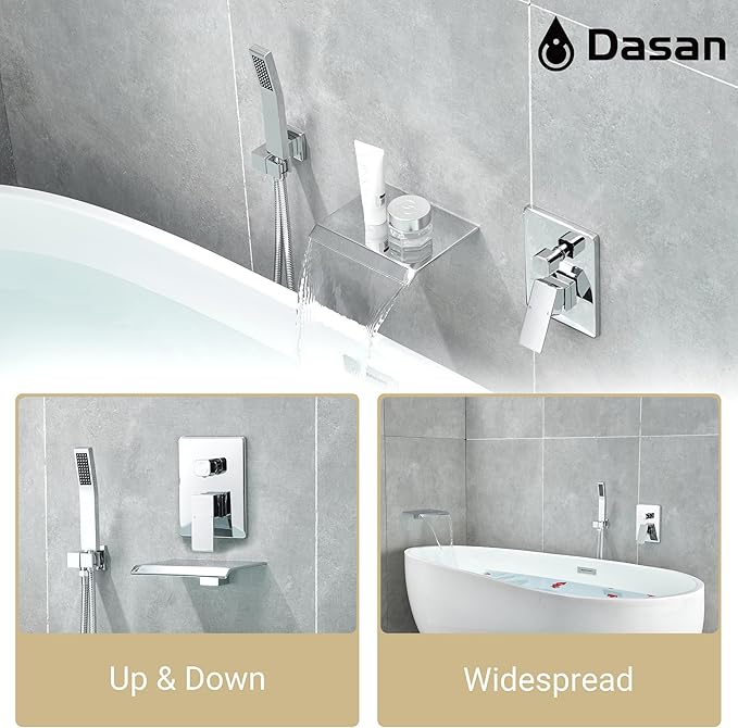 Upgraded Wall Mount Tub Filler Faucet with Handheld Shower, DASAN Modern Wall Mounted Bathtub Faucet Chrome High Flow Waterfall Tub Faucet with Rough in Valve, SA-TF04WH-PC