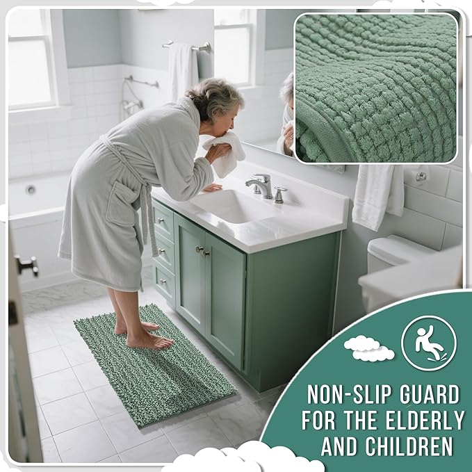 Yimobra Bathroom Runner Rug 60x24 Inch - Extra Long Non Slip Chenille Bath Mat, Soft & Absorbent, Machine Washable Shaggy Hallway Carpet for Vanity Tub Shower, Green Home Decor Accessories