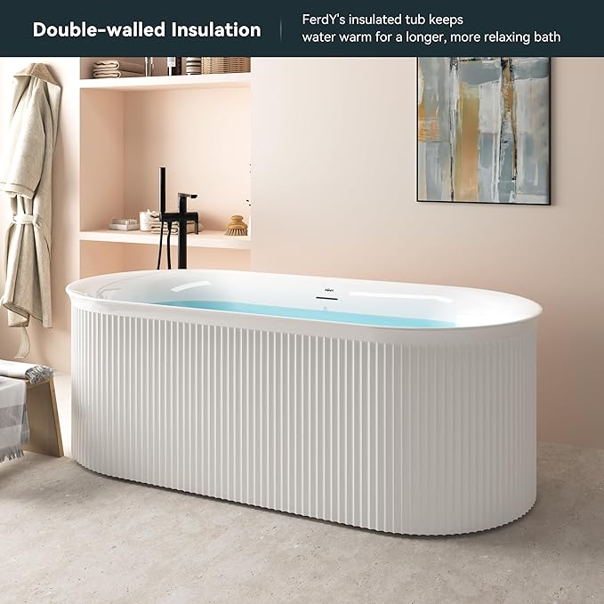 FerdY Nami 67" Acrylic Freestanding Bathtub, V Shape Freestanding Soaking Acrylic Bathtub, Modern White, cUPC Certified, Brushed Nickel Pop-Up