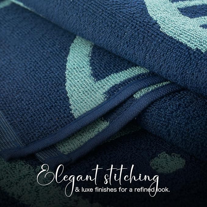 CASA COPENHAGEN Miami Bath Sheets Designed in Denmark Rough and Tough, Quick Dry, for Pool, Bath & Shower 35"x70", 2 Pieces Cotton Beach Towels Set - Fish Navy + Turquoise Stripe