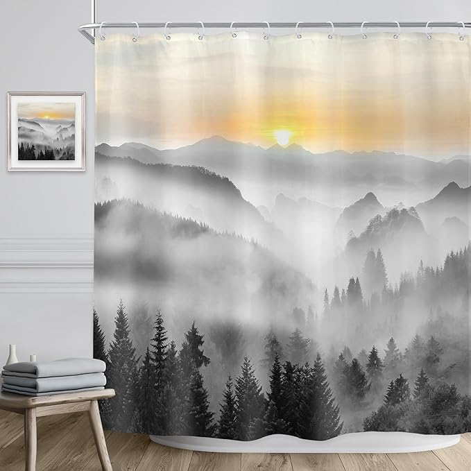 Riyidecor Misty Mountain Shower Curtain 72Wx72H Inch Black Sunrise Foggy Woodland Greenery Smokey Scenery Tree Nature Pine Scenic Rustic Bathroom Decor Fabric Polyester Waterproof 12 Pack Hooks
