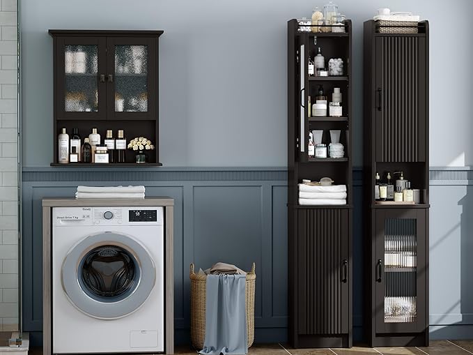 Tall Bathroom Storage Cabinet, Narrow Storage Cabinet with Adjustable Shelf Thin Linen Tower Two-Way Doors Contemporary Cabinet for Bathroom, Kitchen, Living Room, Espresso