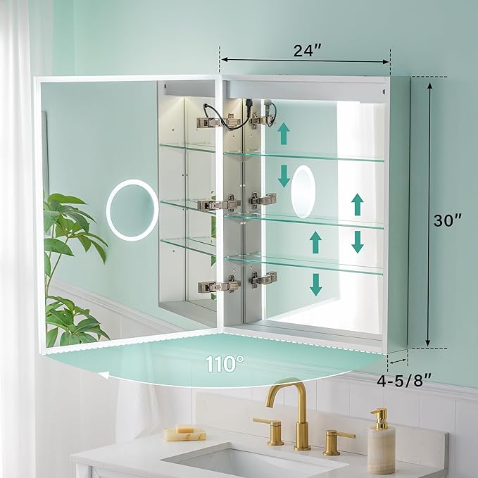 WELLFOR 24" X 30" Medicine Cabinet With Lights, 3X Magnification, Anti-Fog Mirrored Cabinet, Bathroom Vanity With Outlets & USB Ports, Left Opening Door
