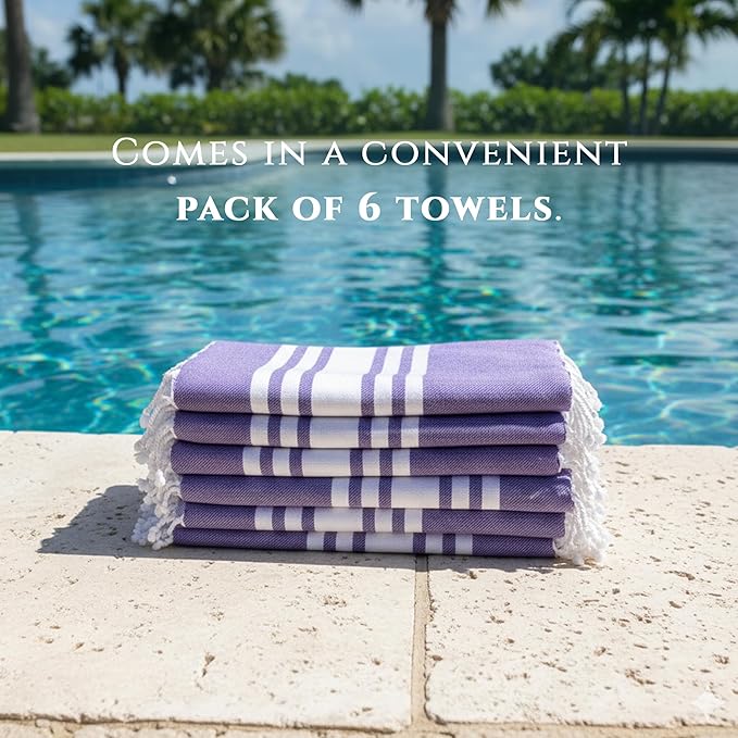 Turkish Cotton Beach Towel Pack of 6 & 1 Boho Tote Bag - Hammam Towels - No Shrink - Quick Dry - Lightweight - Sand Free - Camping - Pool - Tanning - Beach Essentials - Purple (40"x70")