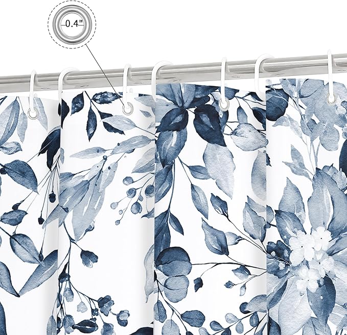 Gibelle Navy Blue Eucalyptus Shower Curtain, Watercolor Plant Leaves with Floral Bathroom Shower Curtain Set, 72x72