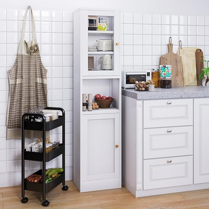 COFaR 67" Tall Metal Bathroom Storage Cabinet,6-Tier Narrow Cabinet with Glass Doors and Adjustable Shelves,Linen Cabinet for Small Spaces,Tall Cabinet for Bathroom,Living Room,White