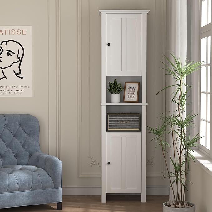 Tall Bathroom Storage Cabinet with Adjustable Shelves,66.92" H Slim 1-Door Freestanding Cabinet for Small Spaces, Bathroom,Kitchen, Living Room,White (Farmhouse)