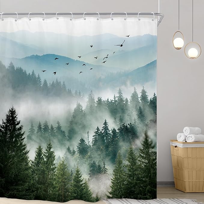 Riyidecor Green Mountain Shower Curtain 72Wx96H Inch Extra Long Nature Rustic Woodland Tree Scenery,Alpine Landscape Natural Foggy Mens Bathroom Decor Fabric Polyester Waterproof 12 Pack Hooks