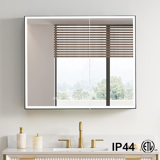WELLFOR 36" X 30" LED Mirrored Medicine Cabinet, Medicine Cabinets with Lights for Bathroom, Defogging Function Mirror Cabinet, Bathroom Medicine Cabinet with USB Port & Outlet, Double Doors