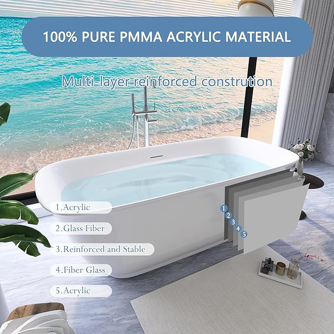 67" Free Standing Tub, Pure Acrylic Freestanding Bathtub, Stylish Stand Alone Contemporary Deep Soaking Bath Tub, cUPC Certified SY6270 (Glossy White)