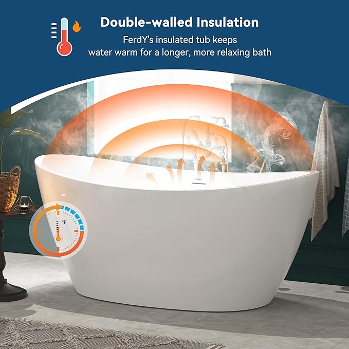 FerdY Naha 67" Freestanding Bathtub, Curve Edge Soaking Bathtub with Matte Black Drain and Minimalist Linear Design Overflow, Easy to Install 588