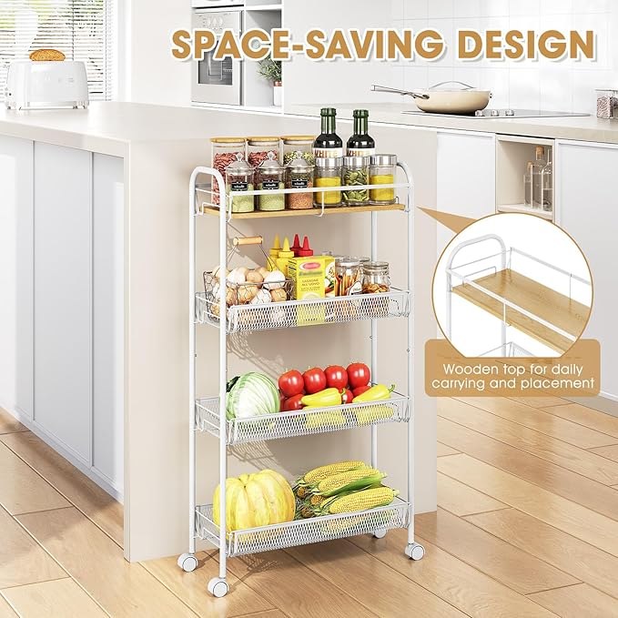 TOOLF 4-Tier Slim Rolling Cart, Metal Utility Cart, Slide Out Storage Cart with Wooden Tabletop and Mesh Baskets for Narrow Space on Kitchen Bathroom Laundry Room Bedroom Apartments Dormitory