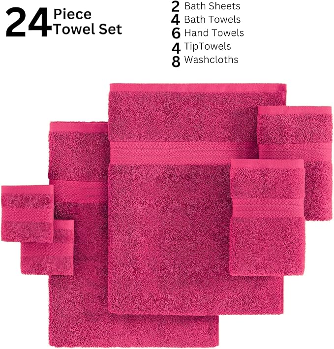 LANE LINEN 100% Cotton Bathroom Towels Set - 24 PCs - Quick Dry, Soft & Absorbent - Genlte On Skin - 4 Bath, 4 Fingertip, 6 Hand Towel, 8 Washcloths, 2 Bath Sheets for Her - Fuchsia