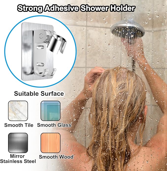 Shower Head Holder,Adjustable Handheld Shower Wand Holder with 2 Hanger Hooks,Strong Adhesive Shower Holder Wall Mount Bracket,Shower Bracket Holder for Home,Bathroom,No Drilling Need