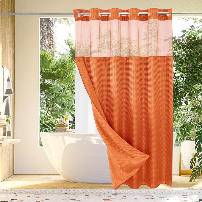 Gibelle Long Shower Curtain 72x80, Waffle Weave Bathroom Shower Curtain with Snap-in Fabric Liner Set, No Hooks Needed, Hotel Style with Mesh Top Window, Burnt Orange