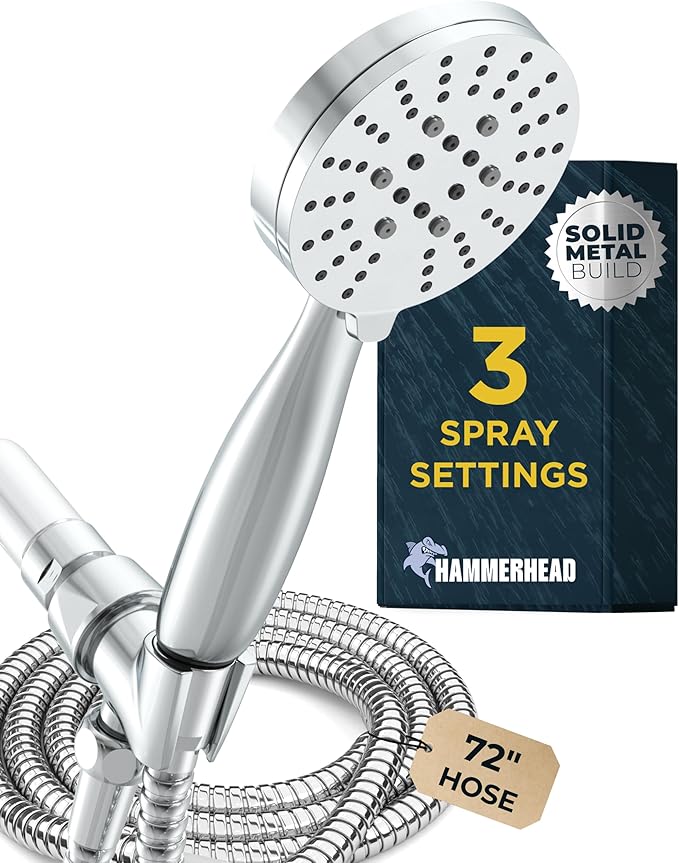 HammerHead Showers® Solid Metal 3-Spray Handheld Shower Head with Long Hose and Holder - CHROME - 2.5 GPM High Pressure Shower Head with Handheld Sprayer - WIDE, MASSAGE, and MIST Sprays