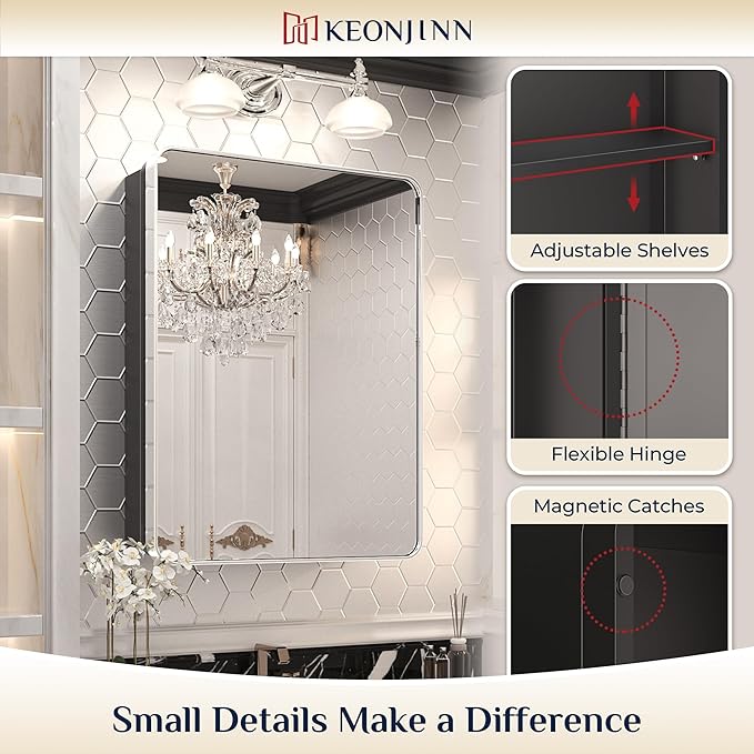Keonjinn 20 x 26 Inch Chrome Recessed Medicine Cabinets, Mirrored Bathroom Medicine Cabinet, Elegant Silver Stainless Steel Framed, Adjustable Shelves, in Wall or Surface Mount, Soft Closing, Modern