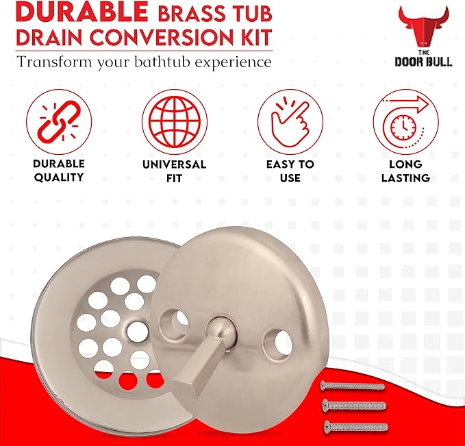 Trip Lever Bathtub Drain Kit with Strainer – 2-Hole Overflow Faceplate, Matching Screws – Tub Drain Trim Replacement Set for Bathroom Bathtubs