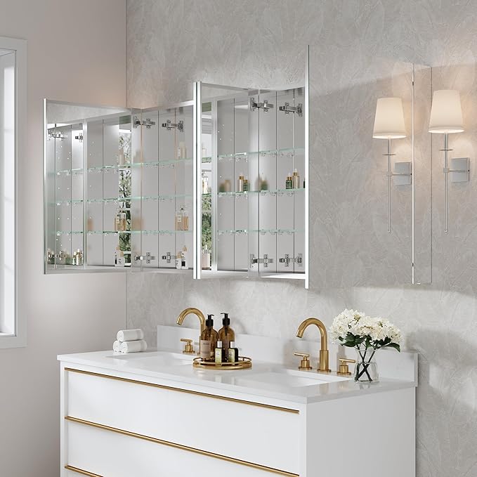 WELLFOR 64" x 30" Rectangle Medicine Cabinet Mirror, Surface Mount or Recessed Medicine Cabinet with Tempered Mirror, Anodized Chrome Aluminum Frame, Bathroom Mirror with Storage