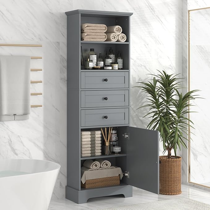 Favfurish 67" Tall Bathroom Storage Cabinet with Door and 3 Drawers,Modern Linen Cabinets w/Adjustable Shelf & 2-Tier Open Shelves,Freestanding Organizer for Bath Room,Study,Office,Grey