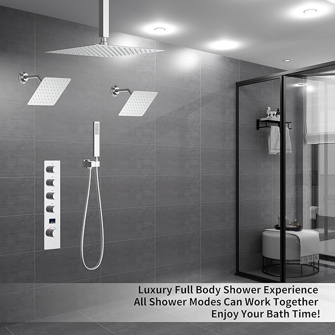 Polished Chrome Shower System with 12 inch Ceiling Mounted Shower Head and Dual 8 inch Wall Mounted Shower Head, Digital Display Shower Faucet Set with Handheld Spray