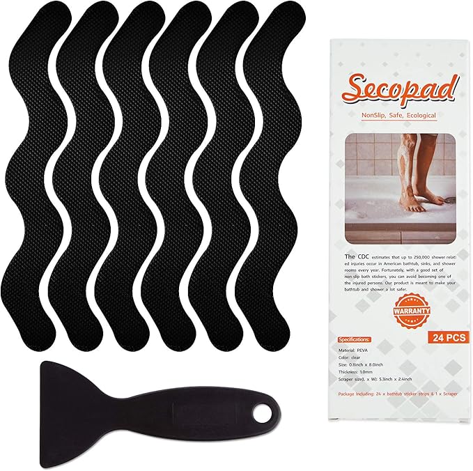 Anti Slip Shower Stickers, Adhesive Decals Safety Strips Scraper for Bath Tub, Shower, Stairs, 24 Pieces (Black)