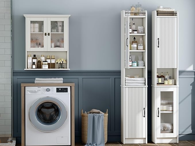 71" H Tall Bathroom Storage Cabinet, Narrow Bathroom Cabinet with Glass Door Slim Cabinet with Adjustable Shelf Skinny Linen Tower Thin Linen Storage for Small Space, Cream White