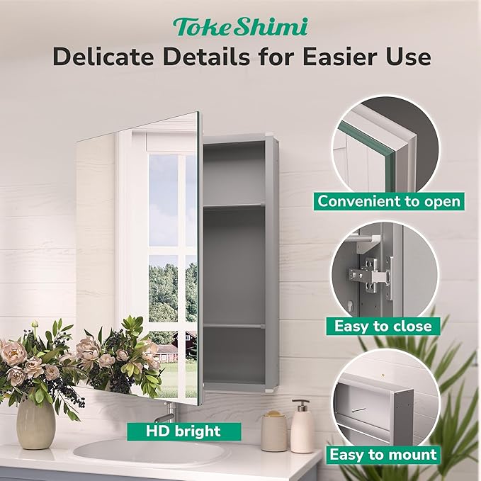 TokeShimi 20.1x26.1 Recessed Medicine Cabinet with Mirror Aluminum, Assembly Needed, Frameless, Stepless Adjustable Storage, Silver Medicine Cabinet Mirror