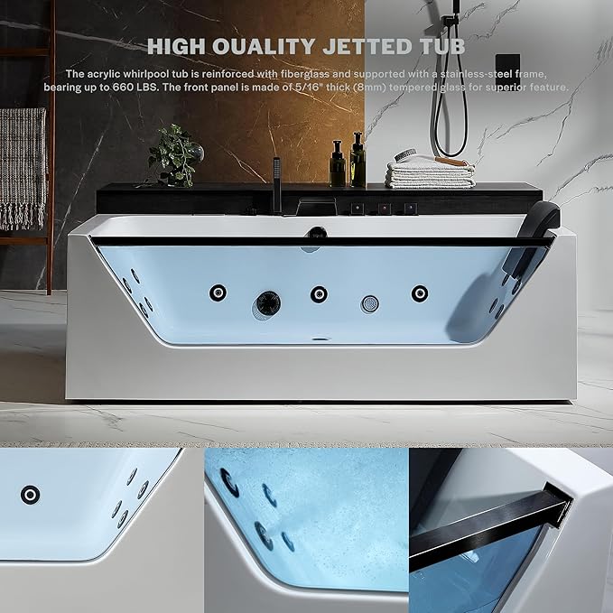 Empava Acrylic Whirlpool Bathtub, 71-Inch Jetted Bathtub with Heater, 10 Jets Hydromassage with Chromatherapy, 3-Side Apron with LED Control Panel, Waterfall, Black Hardware and Nozzles