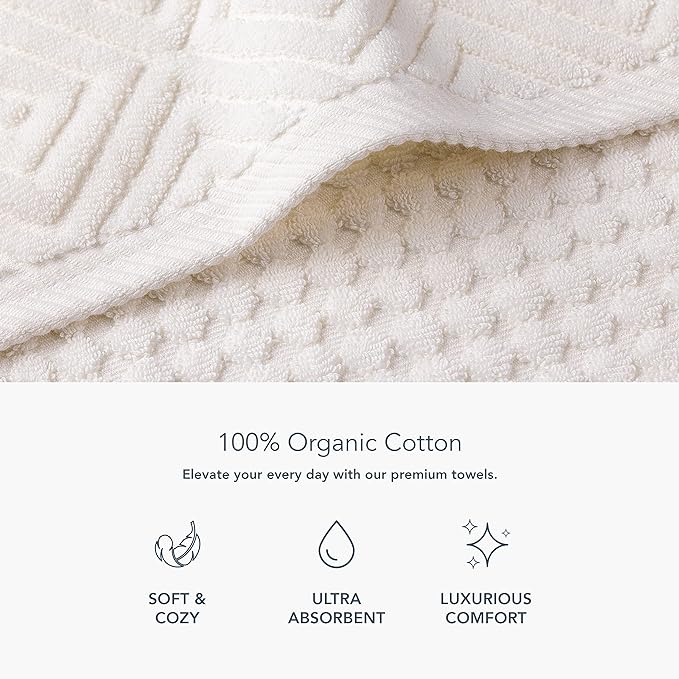 Texere 100% Organic Cotton Diamond Jacquard 700 GSM Luxury Bath Towel Sets - Ultra Soft and Absorbent Hotel and Spa Quality (Diamond, Cream, 4 Bath Towels)