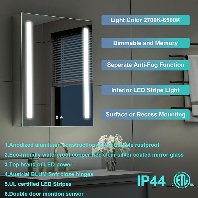 WELLFOR 24" X 30" LED Medicine Cabinet with Mirror, Single Right Opening Door, Recessed or Surface Cabinet Mirror, Bathroom Mirror Cabinet, Medicine Cabinet with Lights with Outlets & USB Ports