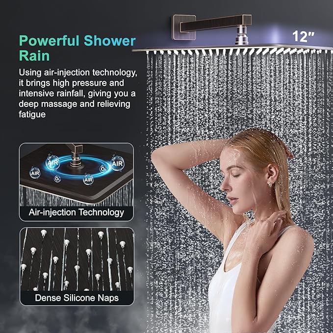 SR SUN RISE 12 Inch Oil Rubbed Bronze Shower Faucet Set, Wall-Mount Adjustable 16-Inch Slide Bar with Square Hand Shower System Included Valve and Trim Kit
