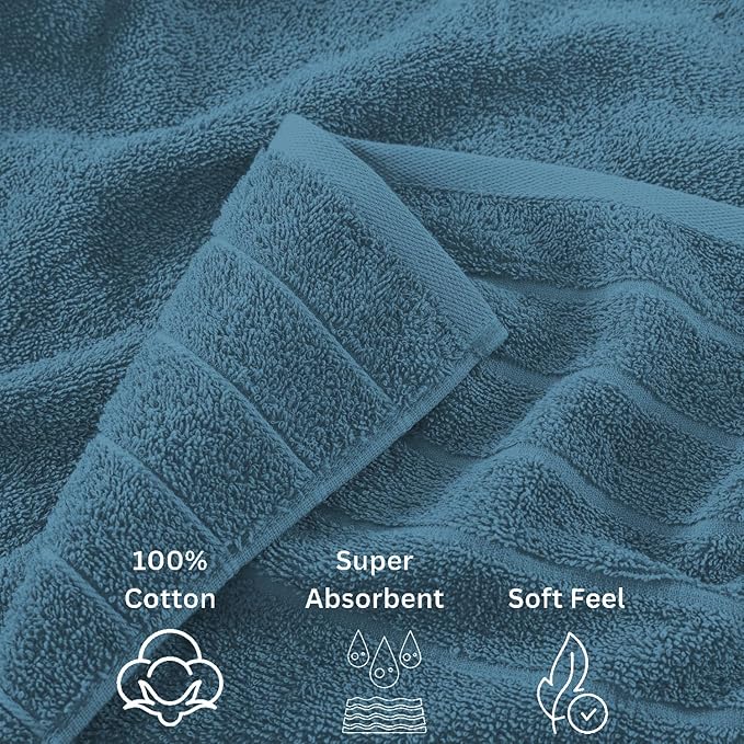 Casa Platino 100% Cotton Bathroom Towels Set - 24 Pcs - Ring Spun, Quick Dry, Soft & Absorbent - 2 Bath Sheets, 2 Gym, 2 Bath, 4 Fingertip, 6 Hand Towels, 8 Washcloths - Medium GSM - Steel Blue