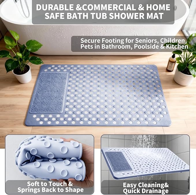 Bath Tub Shower Mat with Soft Shower Foot Scrubber Mat for Massage,Non Slip Bathtub Mat with Strong Suction Cups, Silicone Shower Foot Scrubber Mat (Gray, 35.4" X 23.6"(Rectangular))