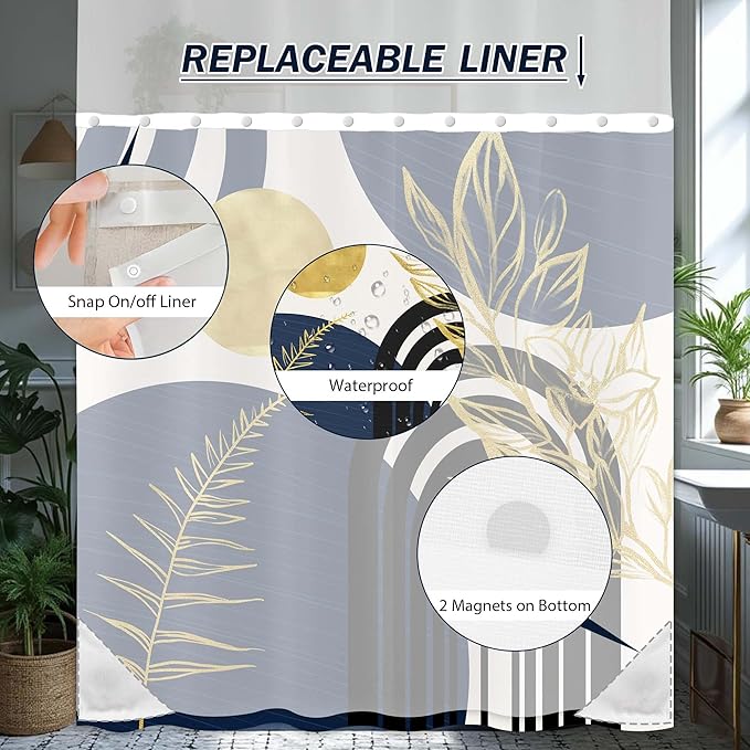 Navy Blue See Through Mesh Top Shower Curtain with Window, Boho Dark Blue and Gold Double Layer Mens Shower Curtains with Snap in Liner with Magnets, Waterproof Cloth Fabric with Hooks 71x72in