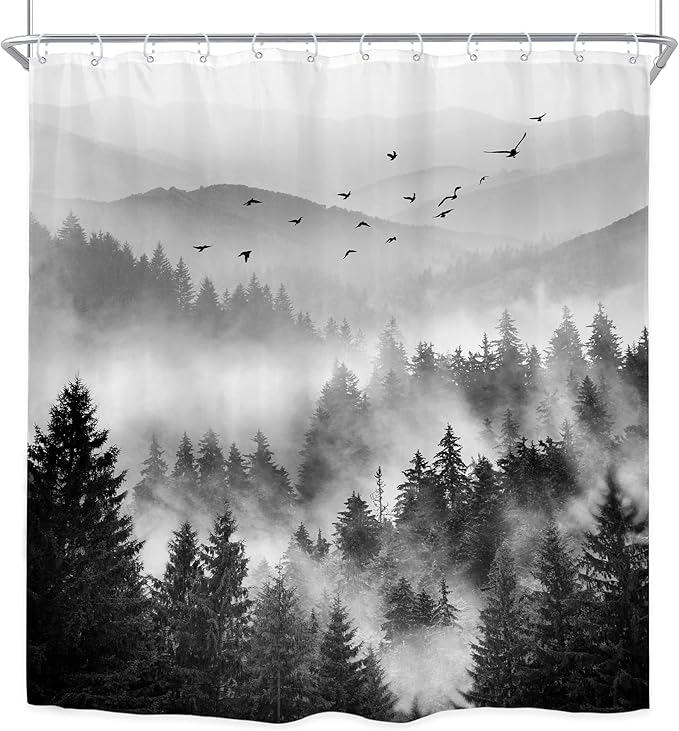 Riyidecor Extra Long Black and White Shower Curtain 72Wx84H Inch Misty Nature Mountain Tree Foggy Scene Alpine Natural Botanical View Pine Wood Bathroom Decor Fabric Polyester Waterproof 12 Pack Hooks
