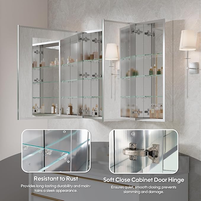 WELLFOR 36" x 30" Rectangle Medicine Cabinet Mirror, Surface Mount or Recessed Medicine Cabinet with Tempered Mirror, Anodized Chrome Aluminum Frame, Bathroom Mirror with Storage