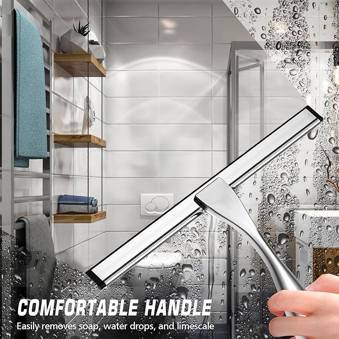 Stainless Steel Shower Squeegee for Glass, Includes 3 Adhesive Hooks, Shower Door Squeegee for Bathroom, Household Window, Car Windshield, Mirrors, Tiles Scrubber Clear, 12 inch, Silver